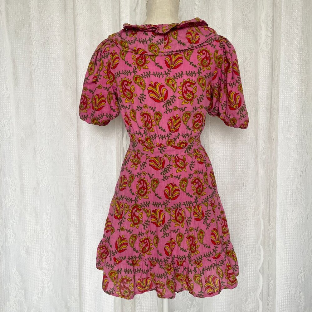 RAHI Women's Amber Dress XS Pink Batik Paisley V-neck Puff Sleeve Boho Ruffle - Picture 5 of 9